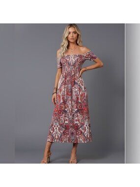 LAST  ONE 🔥 Boho Paisley Off Shoulder Split Thigh Dress